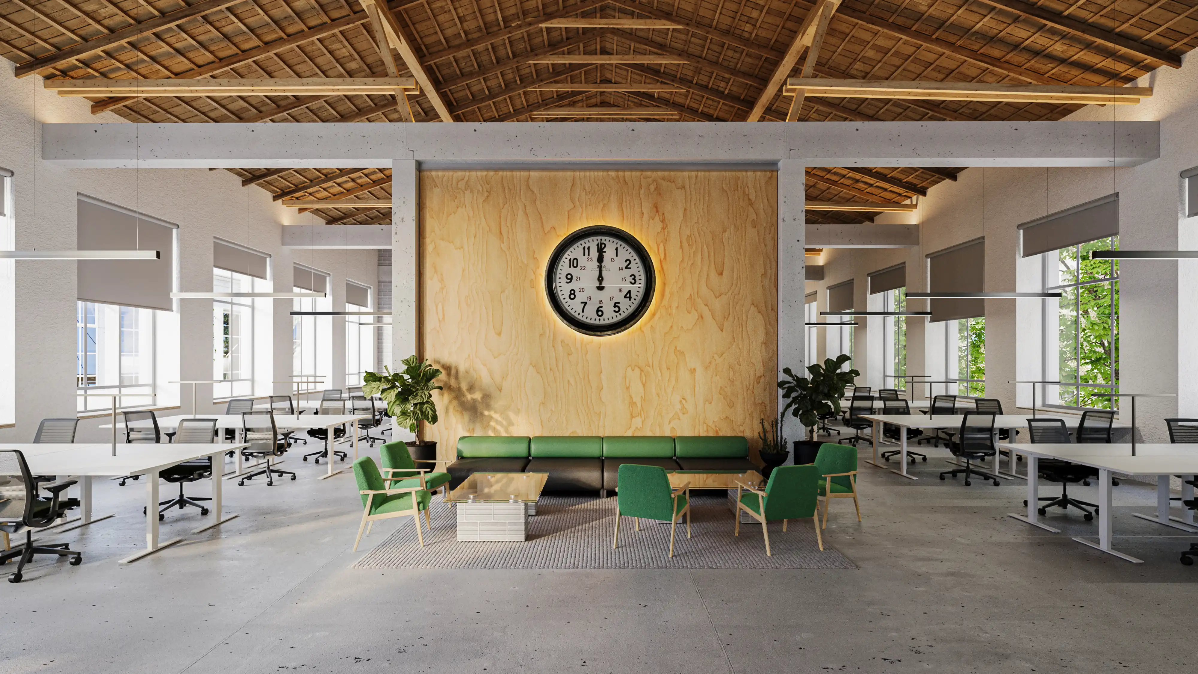 Fully fitted open-plan office with workstations and a break area